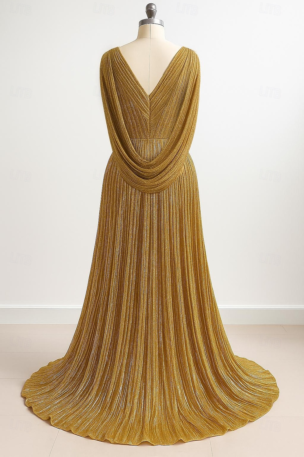 Gouden Sequin A-Lijn Avondjurk Elegante Jurk Formele Bruiloft Vloerlengte Korte Mouwen V-Hals Capes Lurex Stof met Plooien 2025 - $159.99 –P2