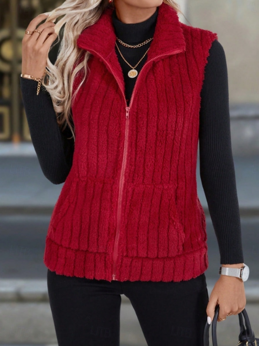 2025年 女性用 フリースベスト 快適 高通気性 ジッパー カジュアル 平織り バケーション ストリート カジュアル デイリーウェア ジッパ－ ショート 折襟 レギュラー ノースリーブ アウターウェア ブラック ルビーレッド ブルー 春 秋  コレクション – $25.99 –P6