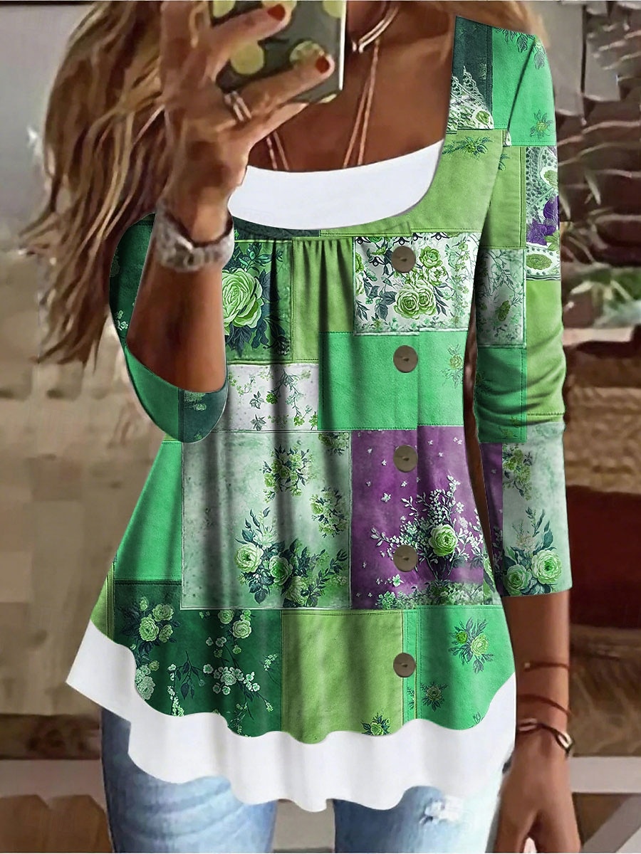 Femmes T-shirt Fleuri Graphique ancien Élégant Classique manche longue Col carré Hauts Longs Quotidien Week-end Patchwork Boutons Imprimé Rouge Bleu Violet Vert Printemps Automne Hiver de 2025 ? $24.99 –P4
