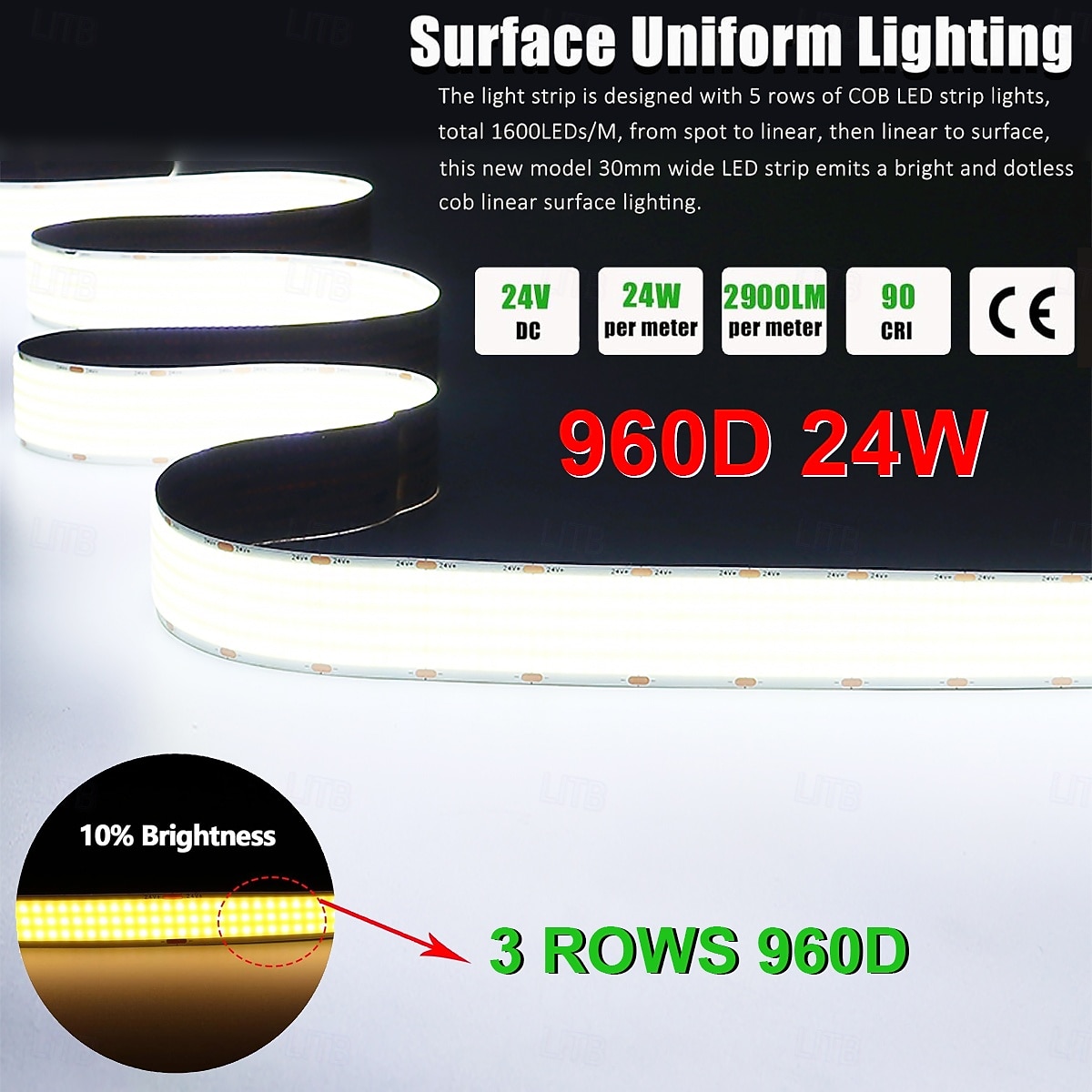 Светодиодная лента COB шириной 24 В, 15 мм, 24 Вт, 960 светодиодов/м, 30 мм, 40 Вт, 1600 светодиодов/м, с высокой яркостью и большой светящейся поверхностью, с регулировкой яркости для помещений, не 2025 - $12.99 –P10