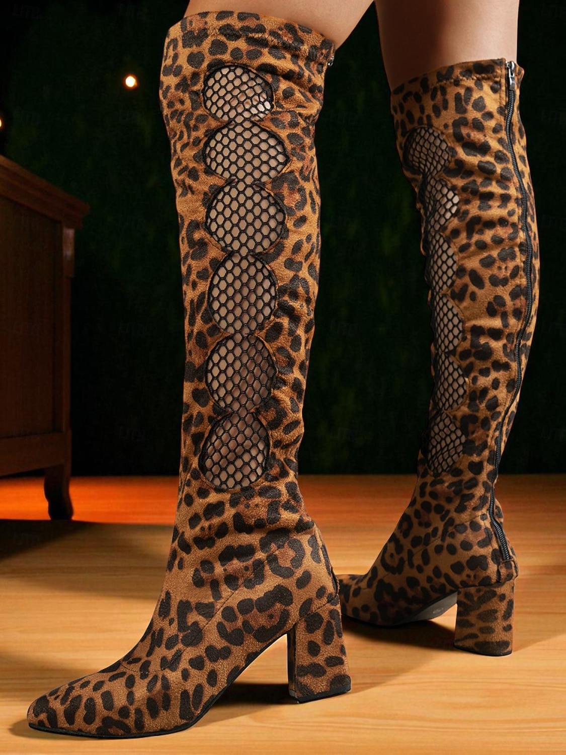 Dámské kozačky nad kolena s leopardím vzorem a síťovaným výřezem - boty na masivním podpatku pro párty, noční život, klubové oblečení a taneční akce 2025 - $42.99 –P7