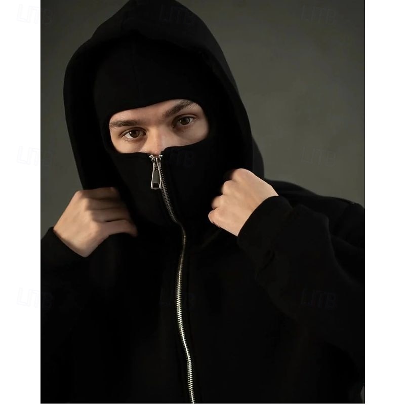 herrluvtröja med balaklava, hel dragkedja, skidmask, luva, svart vit röd, mörkgrå, luva, enfärgad, ficka, sport, utomhus, daglig, helgdag, polyester, gatukläder, grundläggande, avslappnad, höst, vinterkläder, kläder, luvtröjor 2026 - $31.99 –P1
