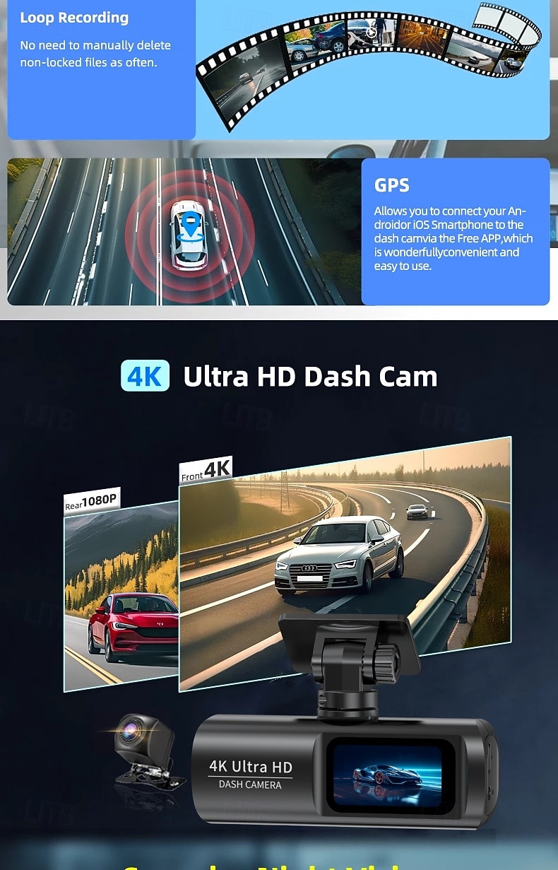 High-definition 4K front and 1080P rear dual-lens dash cam with WiFi mobile connectivity car DVR loop recording comes with a 32GB memory card. 2025 - $69.99 –P6