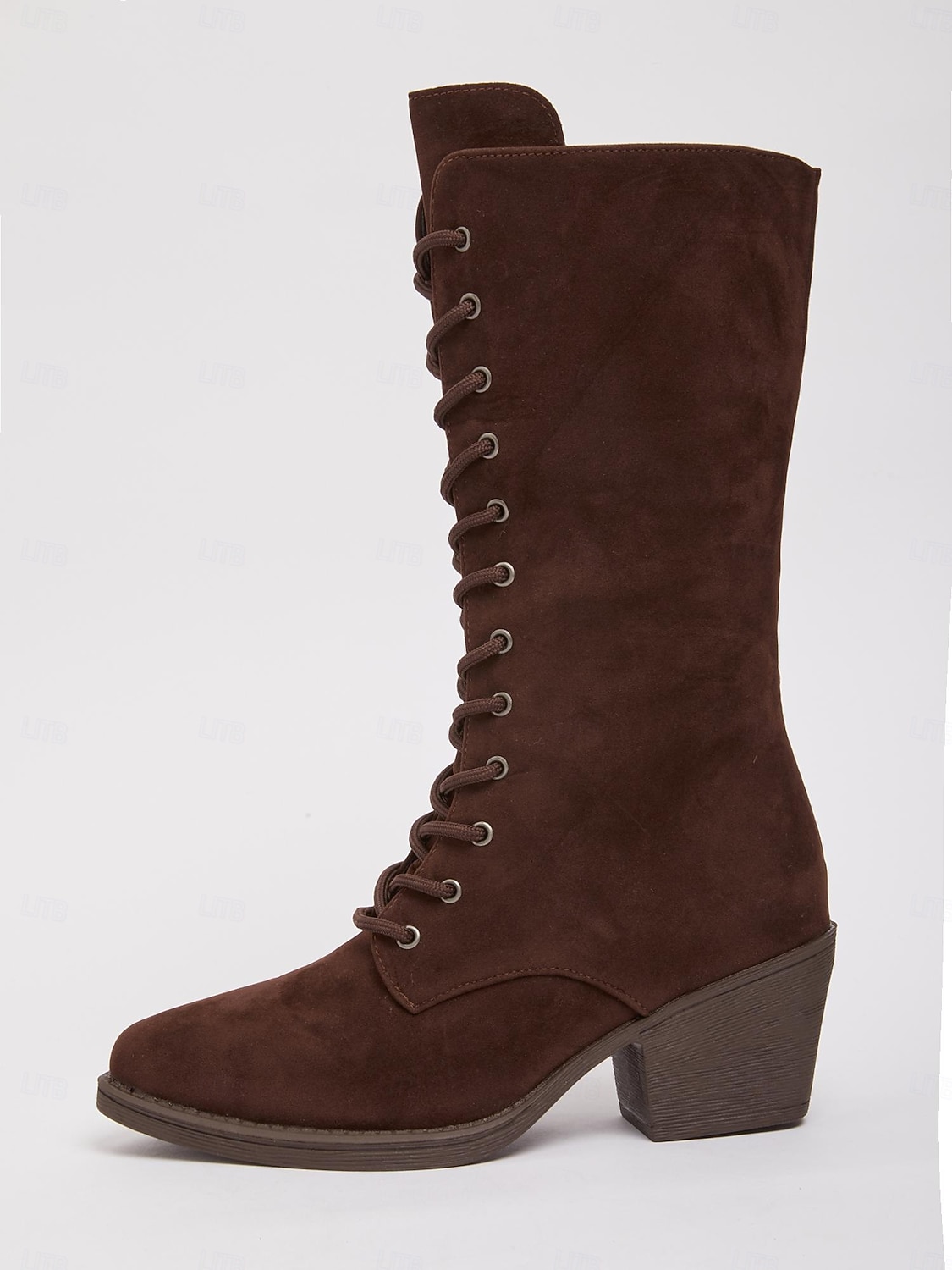 Botas femininas de cano médio em camurça sintética marrom escuro com salto grosso – botas estilo vintage para outono e inverno e uso diário de 2025 por $42.99 –P1