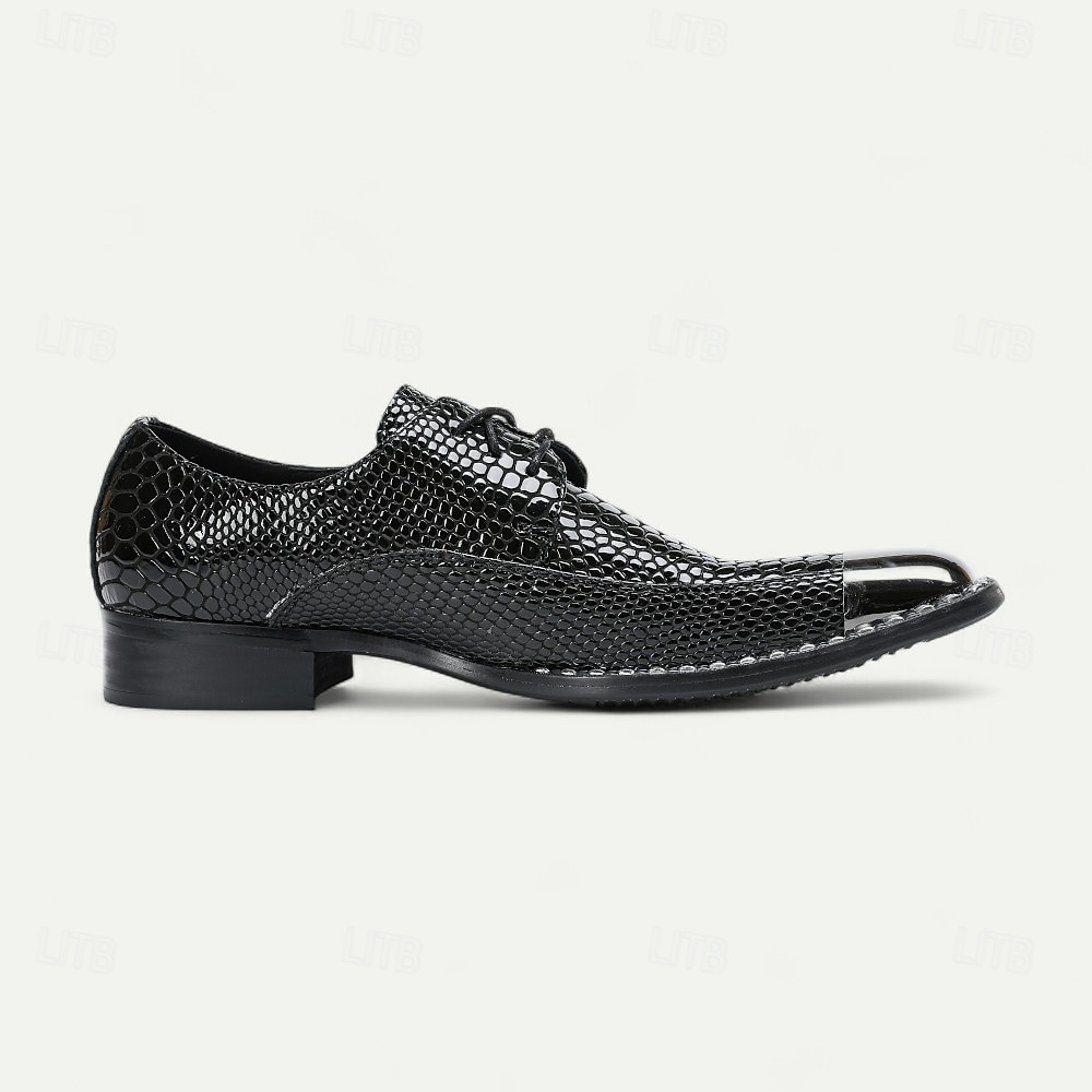 Sapatos sociais masculinos de couro legítimo bordô com estampa de cobra e cadarço e biqueira de metal – sapatos da moda para banquetes e coquetéis de 2026 por $129.99 –P14