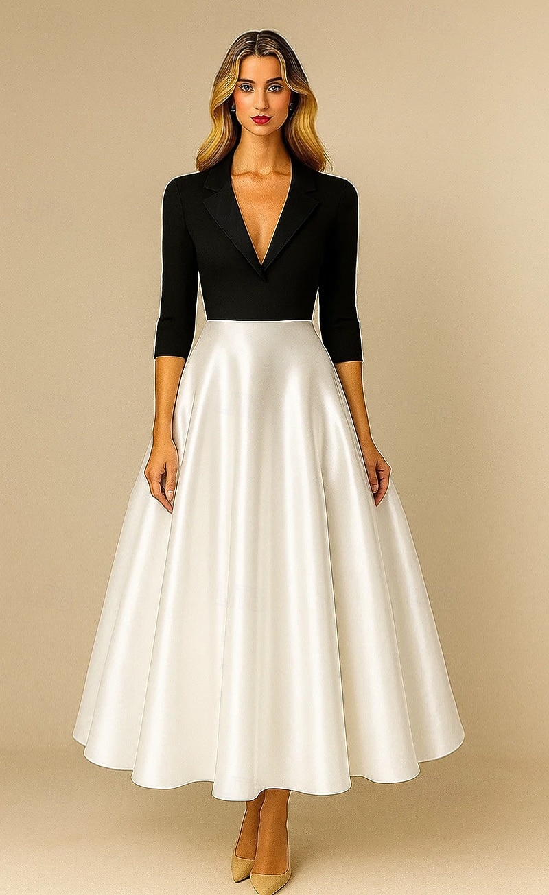 Abiti da cocktail A-Line in nero e bianco Abito formale elegante Abito da matrimonio formale lunghezza tea midi lunghezza manica 3/4 colletto a punta Top in crepe elasticizzato gonna in satin con del 2025 a $134.99 –P1