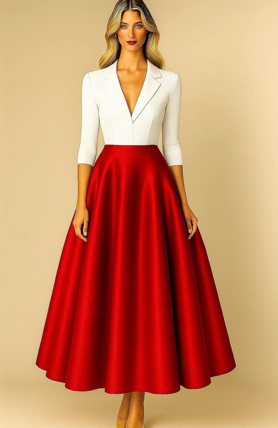 Abiti da cocktail A-Line in nero e bianco Abito formale elegante Abito da matrimonio formale lunghezza tea midi lunghezza manica 3/4 colletto a punta Top in crepe elasticizzato gonna in satin con del 2025 a $134.99 –P5