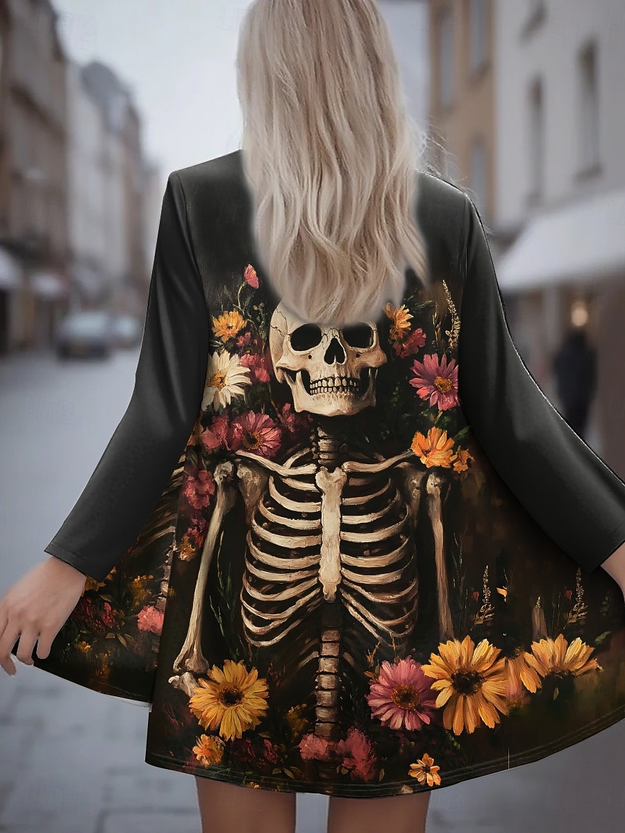 Veste décontractée pour femmes chaude confortable crânes ourlet irrégulier devant ouvert élégant vintage moderne floral rue décontracté quotidien long sans col à manches longues vêtements d'extérieur de 2025 ? $26.99 –P2