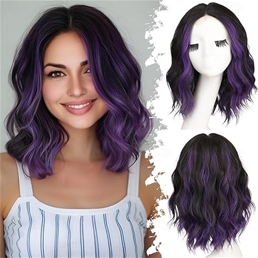 Perruque courte ondulée noire et violette pour femme, style bob en dentelle, synthétique, résistante à la chaleur, aspect naturel, pour une coiffure de tous les jours, 14 pouces de 2025 ? $22.99 –P1