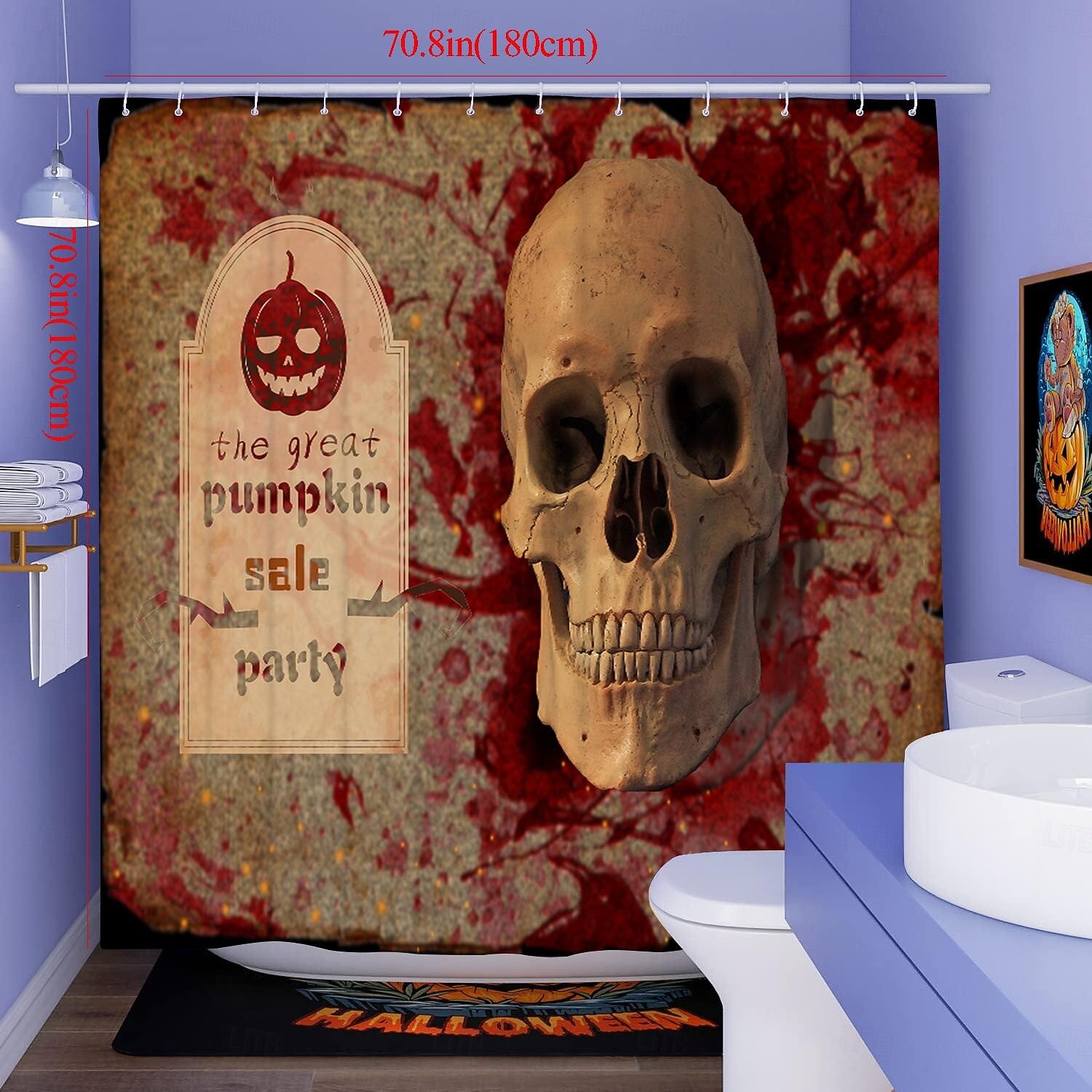 Rideaux de douche d'Halloween, motif crâne effrayant, squelette, fantôme, citrouille, tissu polyester imperméable, décoration de salle de bain avec 12 crochets, décoration de maison hantée effrayante pour les vacances de 2025 ? $18.49 –P5