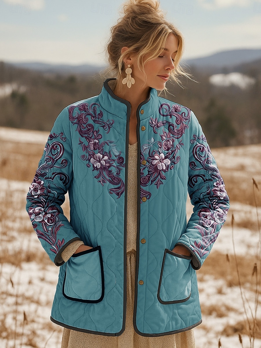 Femmes Veste d'hiver Veste matelassée Chaud Léger Imprimé Actif ancien Mignon Artistique Fleuri Occasionnel Régulier Col montant Coupe régulière manche longue Vêtements d'extérieur Bleu Violet Vert de 2026 ? $51.99 –P4