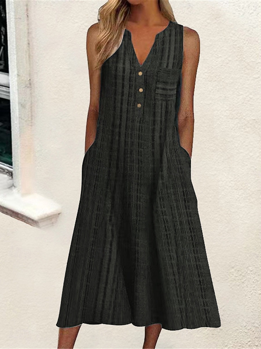 Dámské Midi šaty Bavlněné lněné šaty Tankové šaty Letní šaty Šaty s potiskem Aktivní Módní Venkovní Denní Víkend Volný Pléd Bez rukávů Do V Černá Světlá růžová Vodní modrá Fialová Léto Jaro 2025 - $32.99 –P13