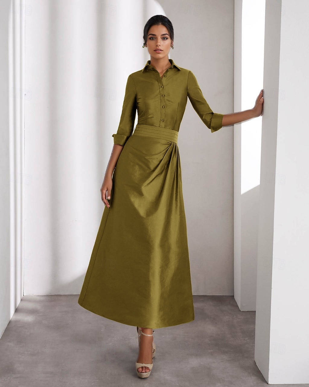 A-linje Ankellengde Skjortekjole Festkjole Cocktail Kjole Kjole til brudens mor Langermet Skjortekrage Elegant Bryllup Formell Taft med Plissert Spalte 2026 - $157.99 –P1