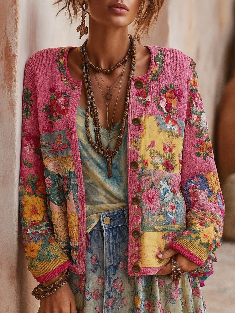 Naisten Neule Päivittäin Kukka Joustin Tiukka pyöreä kaula-aukko Napit Painettu Pitkähihainen Tavalliset topit Neuloa ulko- Viikonloppu Musta Keltainen Kevät Syksy 2025 - $36.99 –P2