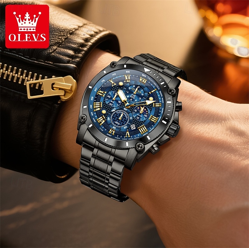 The New Olevs Men'S Steel Band Business Watch Moon Phase Luminous Calendar Chronograph 24-Hour Indication Quartz Watch Is A Fashionable Casual And Versatile Waterproof Sports Wristwatch 2025 - $32.99 –P14