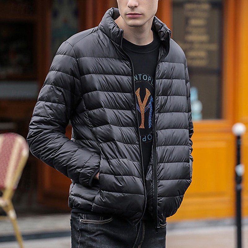 Men's Winter Coat Puffer Jacket Padded Jacket Pocket Polyster Vacation Daily Wear Date Regular Fashion Casual Comfortable Thermal Warm Fall Winter Solid / Plain Color Wine Black Royal Blue Dark Blue 2026 - $45.99 –P6
