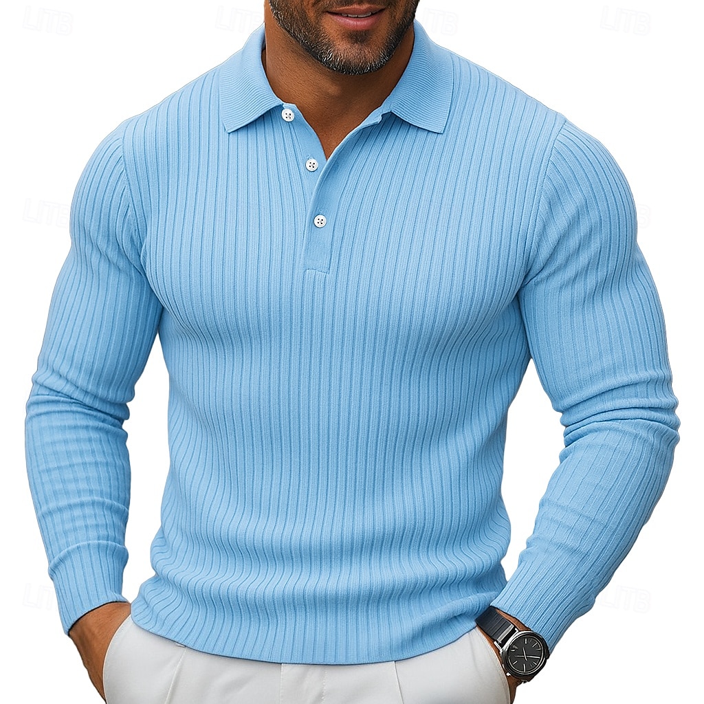 Муж. Вязаный топ в рубчик Рубашки-поло для гольфа Для улицы Повседневные Лацкан Длинный рукав Классический Современное Полотняное плетение Пуговицы Весна Осень Все сезоны Приталенный крой 2025 - $25.99 –P7