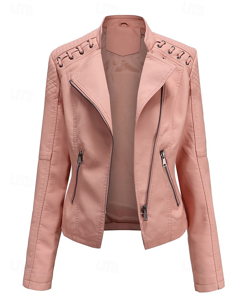 Per donna Giacca in Ecopelle Confortevole Cerniera Tasca Casual Semplice Vacanza Abbigliamento quotidiano Uscire Weekend Regolare Collo ripiegato Vestibilità regolare Manica Lunga Capispalla Nero del 2025 a $53.99 –P16