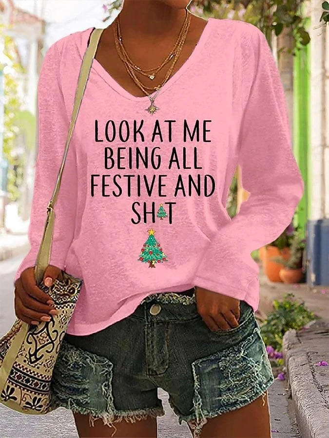 Noël Femmes T-shirt Graphique Arbre de Noël Lettre ancien Élégant Classique manche longue Col en V Hauts Réguliers Quotidien Imprimé Noir Blanche Rose Claire Rouge Vert Printemps Automne Hiver de 2025 ? $10.99 –P2