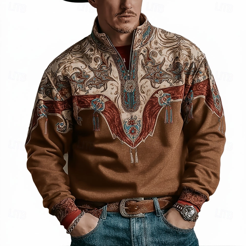 Herren Stammes Cowboy Pullover Ethnisch Vintage-Retro Langarm Stehkragen Outdoor Arbeit Geschenk Braun Khaki Braun 2 Reißverschluss Herbst Winter Designer S M L XL XXL XXXL 2026 - $28.99 –P3
