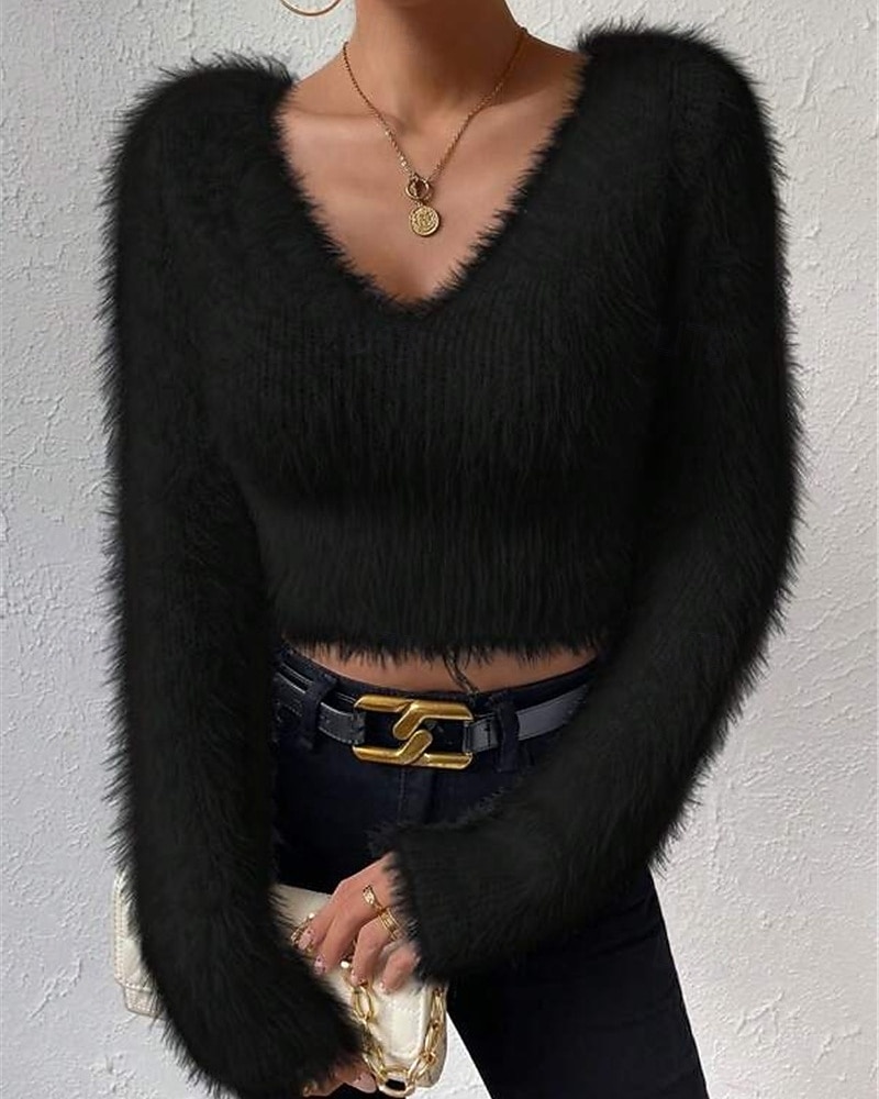 Femmes Pull Mode Occasionnel Couleur Unie Côtelé Col en V Tricoté manche longue Hauts Réguliers Tricoter Extérieur Quotidien Week-end Noir Blanche Automne Hiver de 2025 ? $27.99 –P13