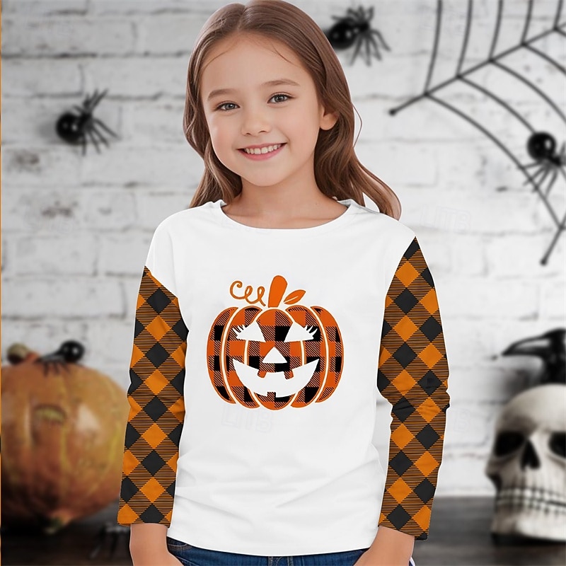 Halloween Tyttöjen 3D Kurpitsa T-paita Pitkähihainen Kevät Syksy Muoti Perus Lapset 4-12 vuotta Tiukka pyöreä kaula-aukko ulko- Kausaliteetti Päivittäin Normaali 2025 - $13.99 –P1