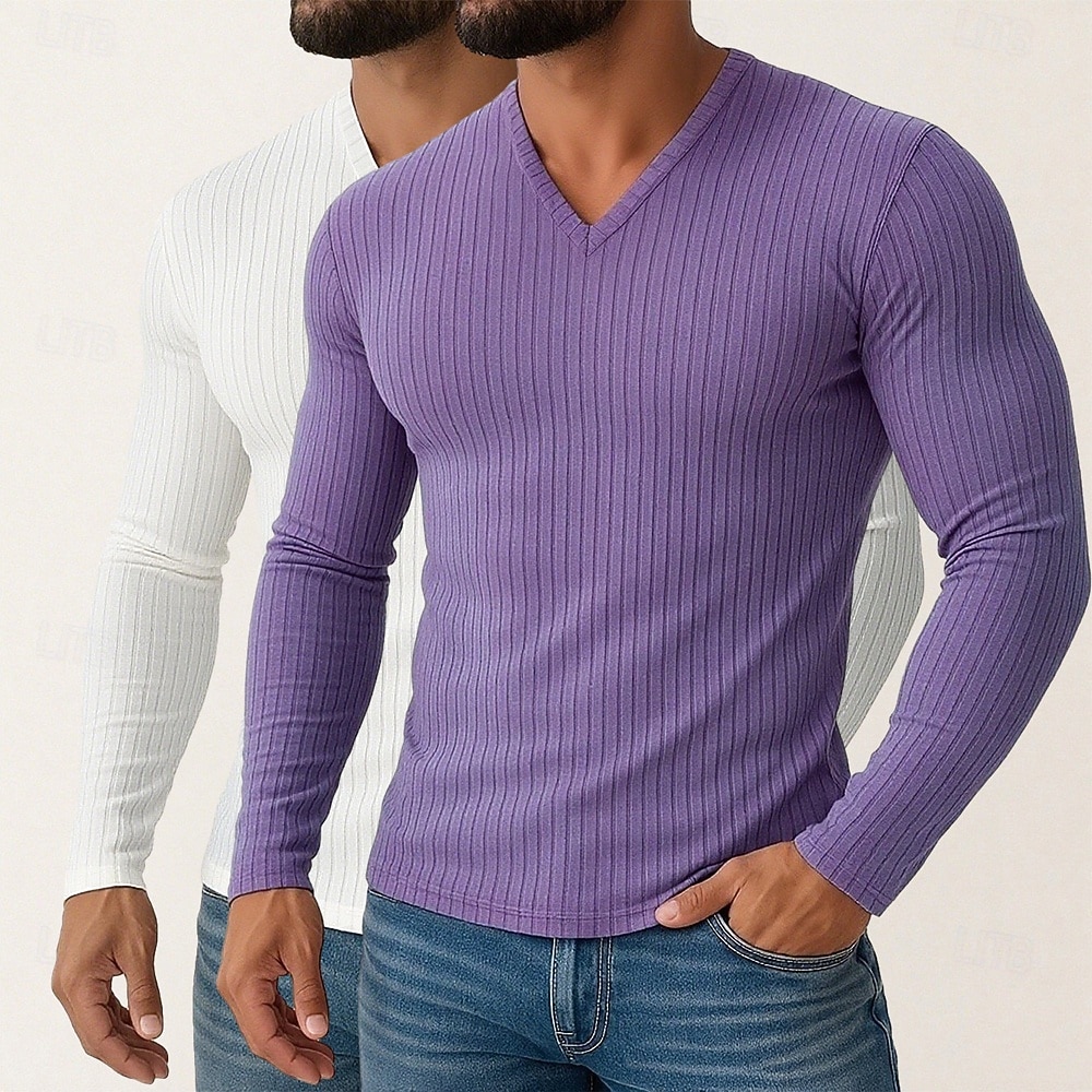 Homme T-shirt Débardeur Musclé T-shirt en tricot côtelé Chemise à Manches Longues manche longue Col en V Printemps Automne Hiver Uni Bande de Fosse Mode Designer Basique 2 pièces Tricot Pack multiple de 2026 ? $31.99 –P4
