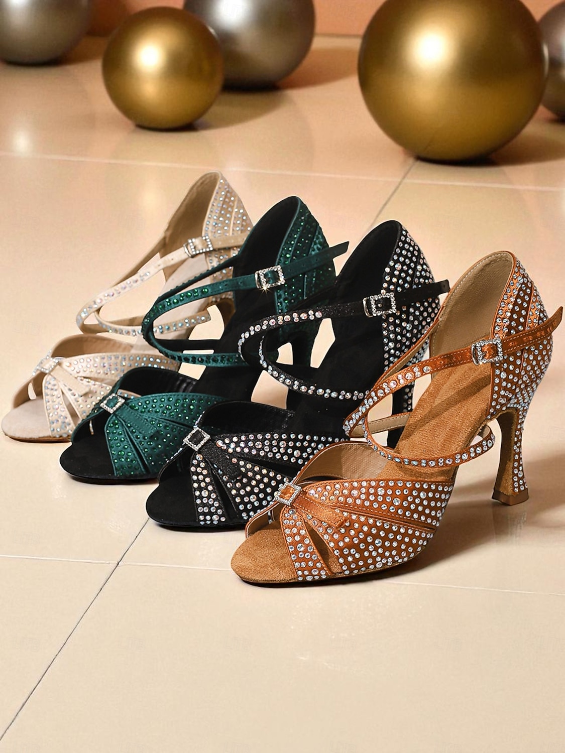 Dámské saténové boty na latinskoamerické tance s otevřenou špičkou a kamínkovými detaily, elegantní a třpytivý design, ideální na Gatsby párty a taneční plesy 2026 - $64.99 –P2