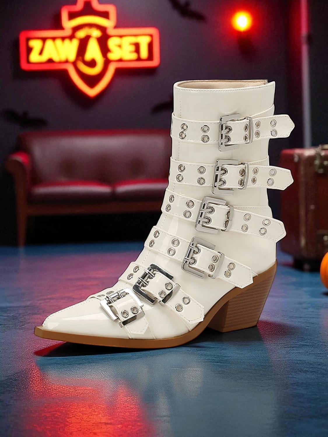 Dámské Boty Motorkářské boty Venkovní Párty hudební festival Boty do lýtka Nýty Přezky Zip Kačenka Palec do špičky Punk gotický Umělá kůže Zip Matná černá Zářivě černý Bílá 2025 - $79.99 –P5