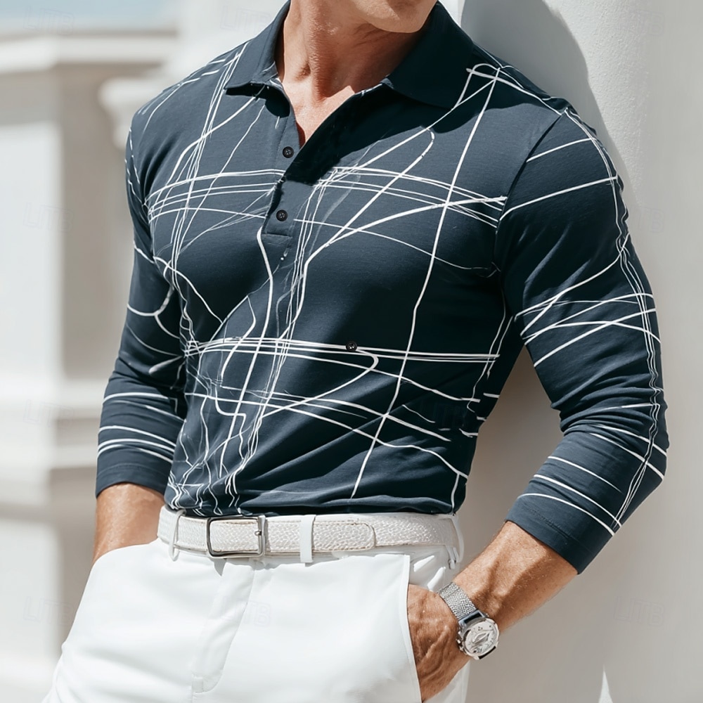Men's Geometic Line Polo Long Sleeve Polo Shirts Lapel Business Casual Outdoor Athleisure Daily Wear 3D Print Buttons Spring Fall Winter Blue 1 Blue 2# Blue 2026 - $22.99 –P1