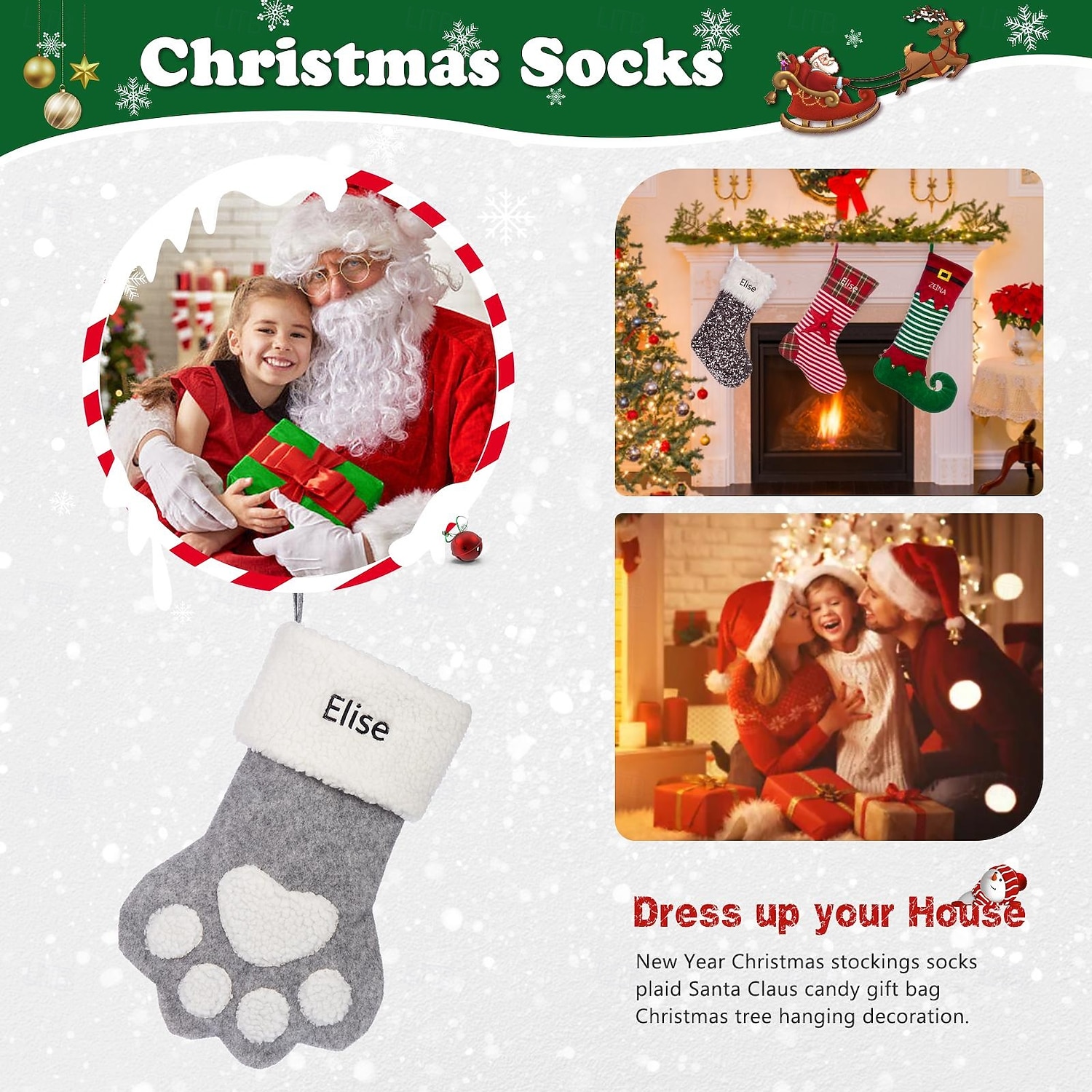 Meia de Natal personalizada com pata de gato, meia longa de Natal com nome personalizado, sacola de presente de grande capacidade para festa de Natal, presente perfeito para o Natal &celebrações de de 2025 por $17.99 –P6