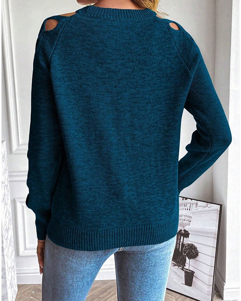 Dame Genser Gatemote Fritid Helfarge Crew-hals Uthult Strikket Langermet Vanlige topper Strikke Daglig Ferie Ut på byen Svart Blå Høst Vinter 2025 - $35.99 –P5