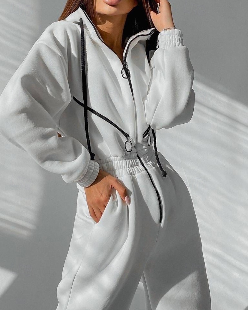 Női Szabályos Jumpsuitek Utcai sikk Színes Hosszú ujj Kapucni Kollázs Cipzár Utca Napi Normál Fehér Arcpír rózsaszín Medence Ősz 2025 - $27.99 –P11