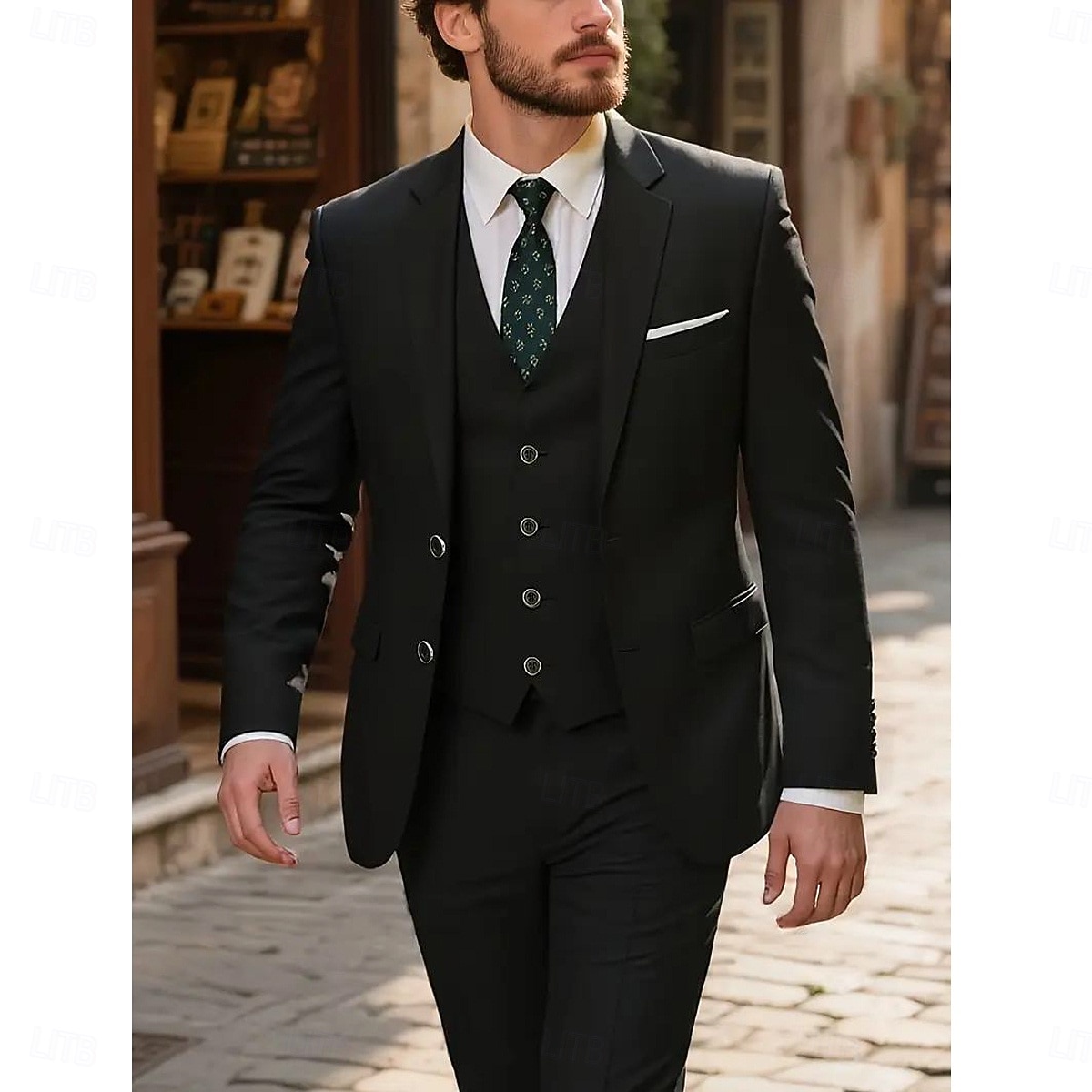 Herren Hochzeit Geschäft Business-Anzüge Gekerbtes Revers Schwarz Dunkelblau Formell Einfarbig Figurbetonter Schnitt 3-teilig 2025 - $109.99 –P6