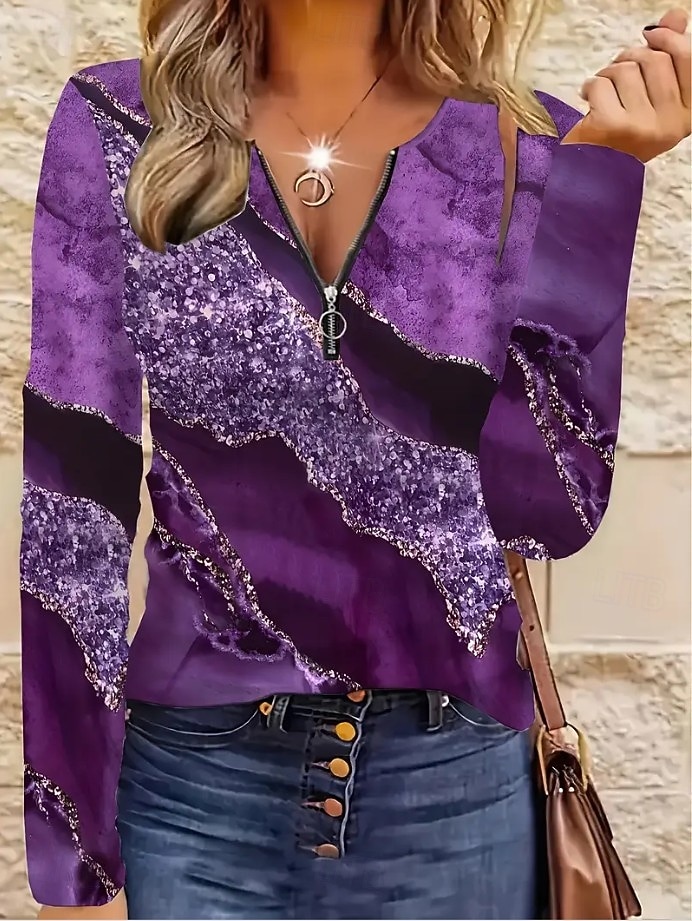 Женская футболка с короткой молнией на груди длинный рукав повседневная графическая tribal винтажная бохо тропическая гавайская V-образный вырез обычные топы для повседневной носки черная весна осень 2026 - $25.99 –P11