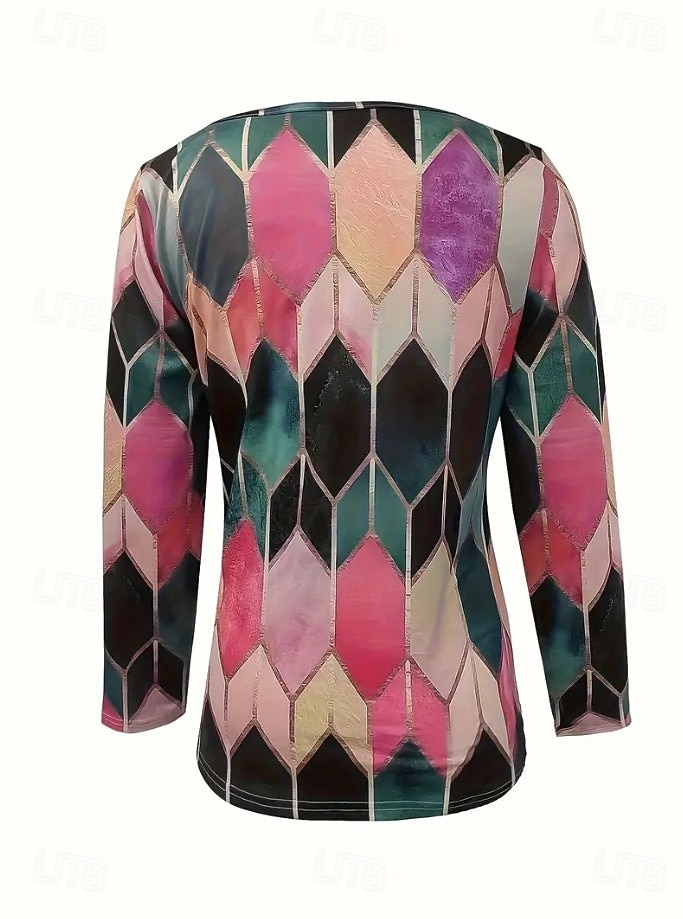 Женская футболка с короткой молнией на груди длинный рукав повседневная графическая tribal винтажная бохо тропическая гавайская V-образный вырез обычные топы для повседневной носки черная весна осень 2026 - $25.99 –P12