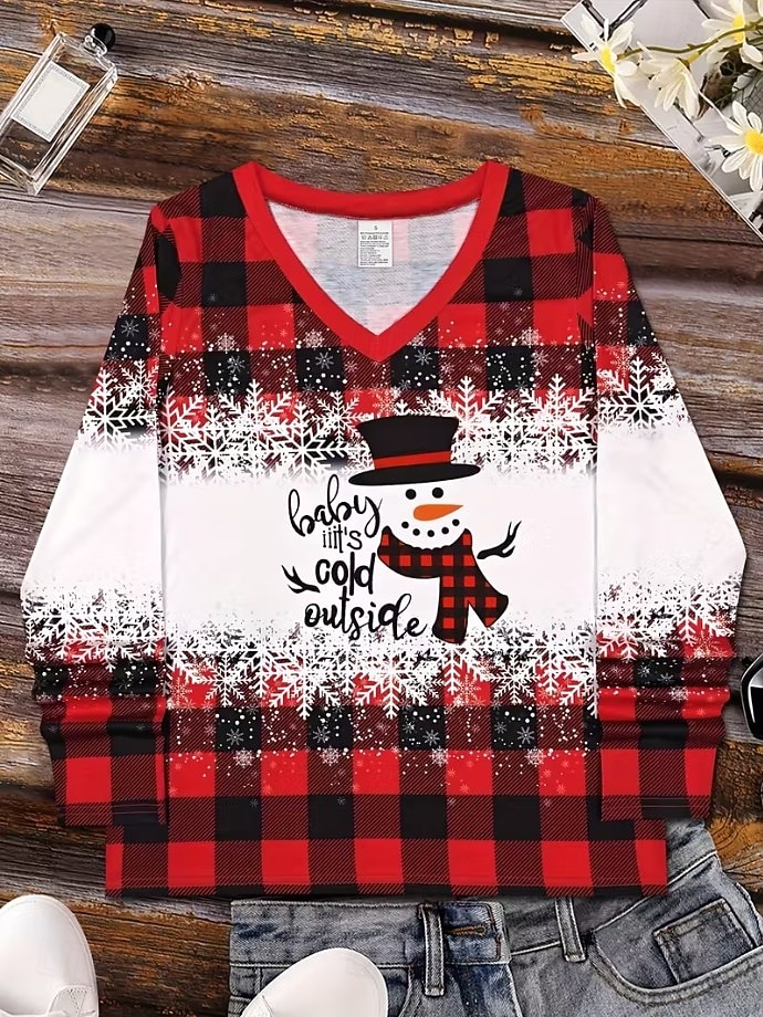 Noël Femmes T-shirt Graphique Bonhomme de neige ancien Élégant Classique manche longue Col en V Hauts Réguliers Quotidien Imprimé Gris / Rouge Noir + blanc + rouge Noir Vin Rouge Printemps Automne de 2025 ? $26.99 –P4