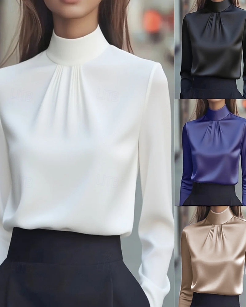 Women's Shirt Dressy Blouse Plain Elegant Stylish Long Sleeve High Neck Regular Tops Work Holiday Going out Ruched Black White Purple Khaki Spring Fall 2025 - $21.99 –P1