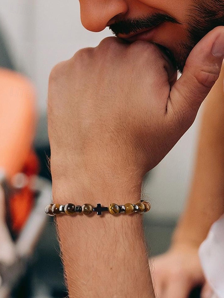 Men's Natural Stone Beaded Bracelet with Cross Charm, Adjustable Stretch Wristband, Spiritual Jewelry for Christmas Gift, Parties and Daily Wear 2026 - $9.99 –P2