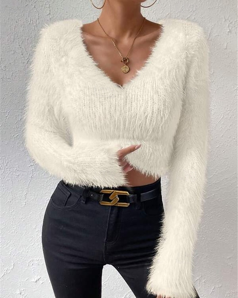 Femmes Pull Mode Occasionnel Couleur Unie Côtelé Col en V Tricoté manche longue Hauts Réguliers Tricoter Extérieur Quotidien Week-end Noir Blanche Automne Hiver de 2025 ? $27.99 –P1