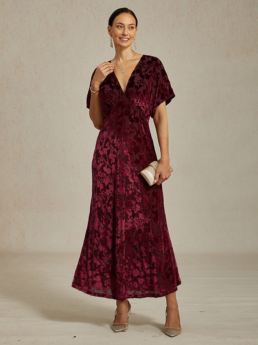 Dam Midiklänning Sheath Dress Elegant party Fest Bröllopsgäst Cocktailfest Normal Ensfärgat Blommig Ärmlös V-hals Rubinrött Sommar Vår Höst Vinter 2025 - €116.82 –P4