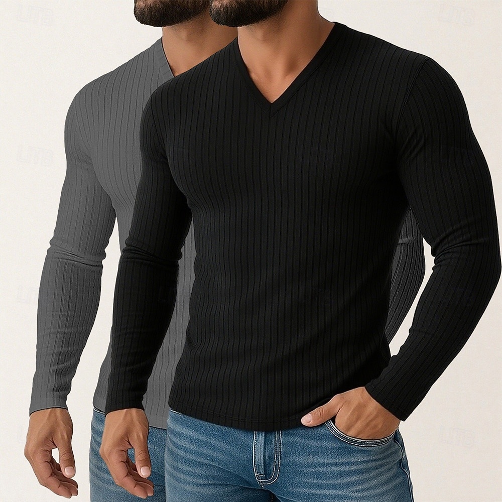 Homme T-shirt Débardeur Musclé T-shirt en tricot côtelé Chemise à Manches Longues manche longue Col en V Printemps Automne Hiver Uni Bande de Fosse Mode Designer Basique 2 pièces Tricot Pack multiple de 2026 ? $31.99 –P8