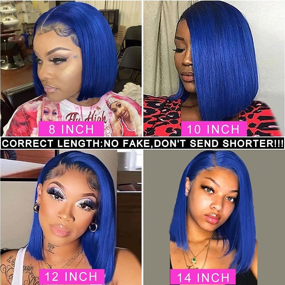 parrucca corta in pizzo bobo blu# con capelli umani 13*4, capelli umani lisci, densità 150% per donne nere del 2025 a $150.99 –P5