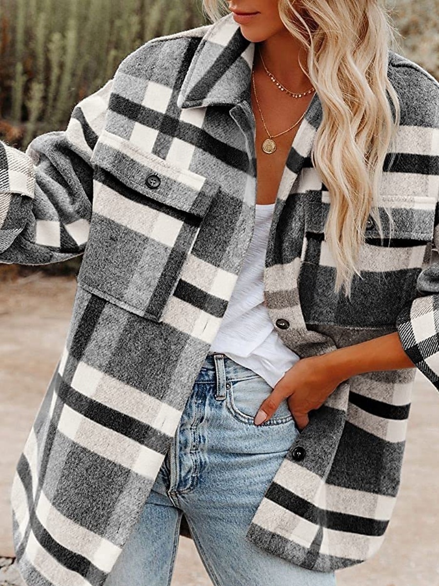 نسائي جاكيت شتوي جاكيت كاجوال مريح متنفس جيب Buttons طباعة كاجوال منقوش عطلة شارع فضفاض مناسب للبس اليومي صدر فردي عادية طوي عادي كم طويل ملابس خارجية أسود أزرق البحرية أخضر الربيع الخريف 2025 - $31.99 –P2