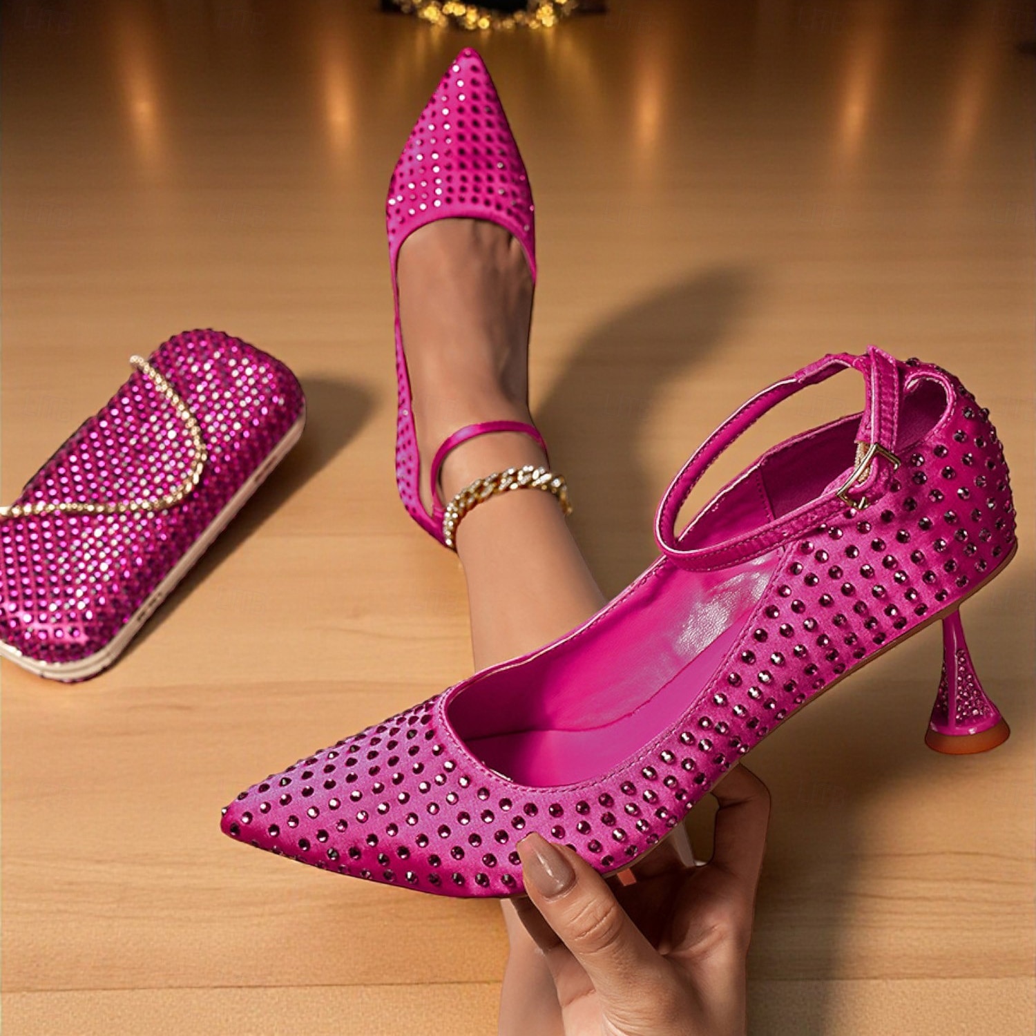 Women's Green Rhinestone Heels and Matching Clutch Bag Set - Elegant Pointed Toe Pumps with Ankle Strap for Formal Events and Cocktail Parties 2025 - $99.99 –P5