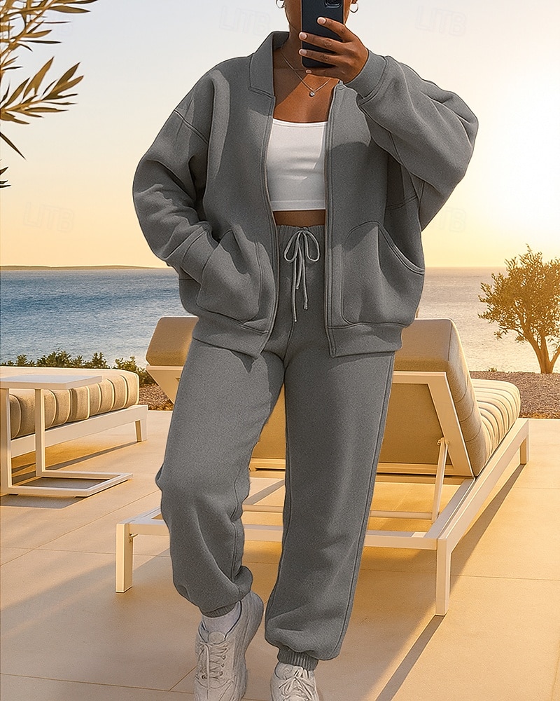 Per donna Tuta da 2 pezzi Set di tute da ginnastica Abbigliamento sportivo Con zip Baggy Tinta unita Completo Abbigliamento Autunno Nero Beige Corsa Lavoro All'aperto Leggero Di tendenza Manica Lunga del 2026 a $37.99 –P1