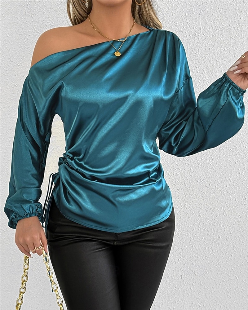 Mulheres Camisa Social Elegant Elegante Top de cetim Assimétrico Côr Sólida Elegante à moda Básico Manga Longa Ombro a Ombro ombro frio Tops regulares Diário Para Noite Azul Primavera Outono de 2026 por $28.99 –P4
