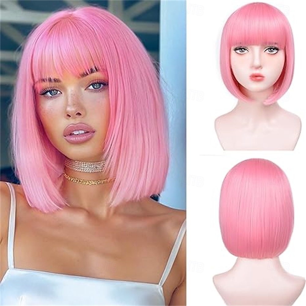 Perruques bob rouges pour femmes blanches - Perruques bob courtes de 12 pouces avec frange Perruque synthétique de mode naturelle Cheveux synthétiques colorés pour cosplay quotidien Halloween de 2025 ? $15.99 –P4