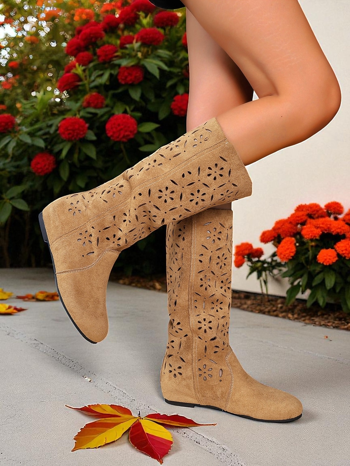 Women's Slouchy Mid-Calf Boots with Floral Cutout Design, Casual Boho Style for Autumn Street and Everyday Wear 2025 - $42.99 –P4