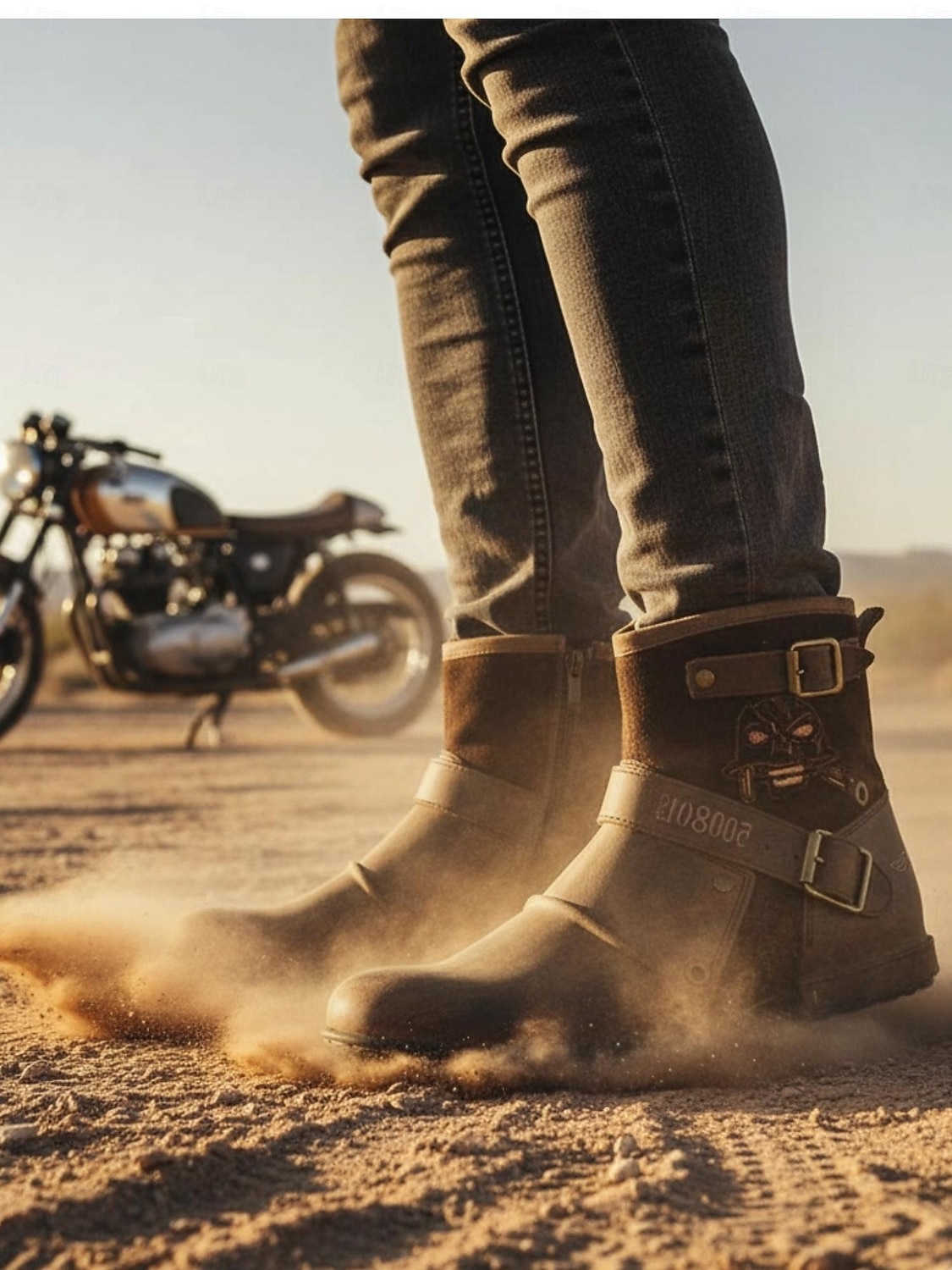 stivali da motociclista in pelle nera da uomo con cinturini con fibbia e design a teschio ricamato, resistenti ed eleganti per motociclisti e abbigliamento casual del 2025 a $59.99 –P1